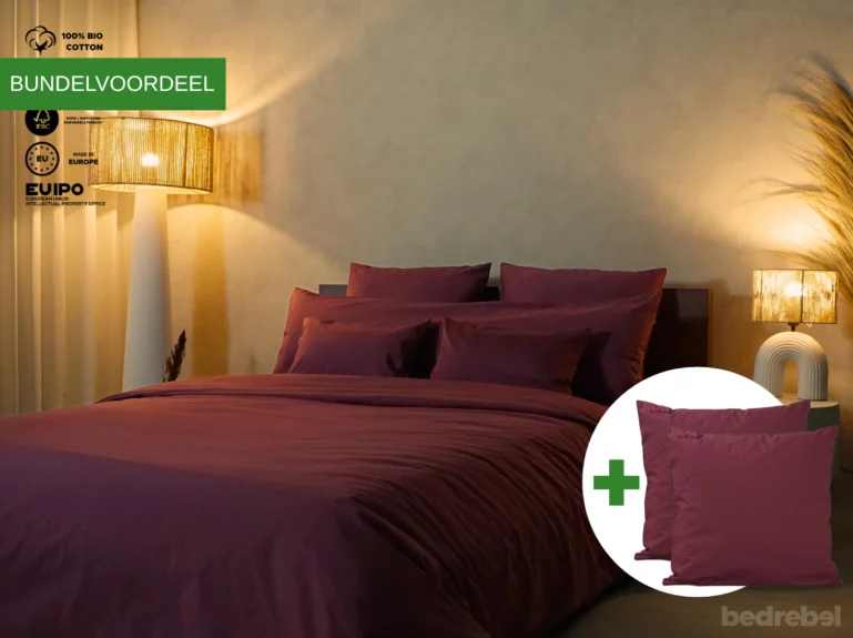 Dekbedovertrek set met rits over drie zijden & dekbedclips | Percale katoen – Merlot red – 2 persoons