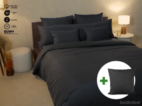 Dekbedovertrek set met rits over drie zijden & dekbedclips | Satijn katoen - Charcoal black - 1 persoons