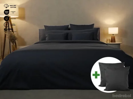 Dekbedovertrek set met rits over drie zijden & dekbedclips | Satijn katoen - Charcoal black - 2 persoons