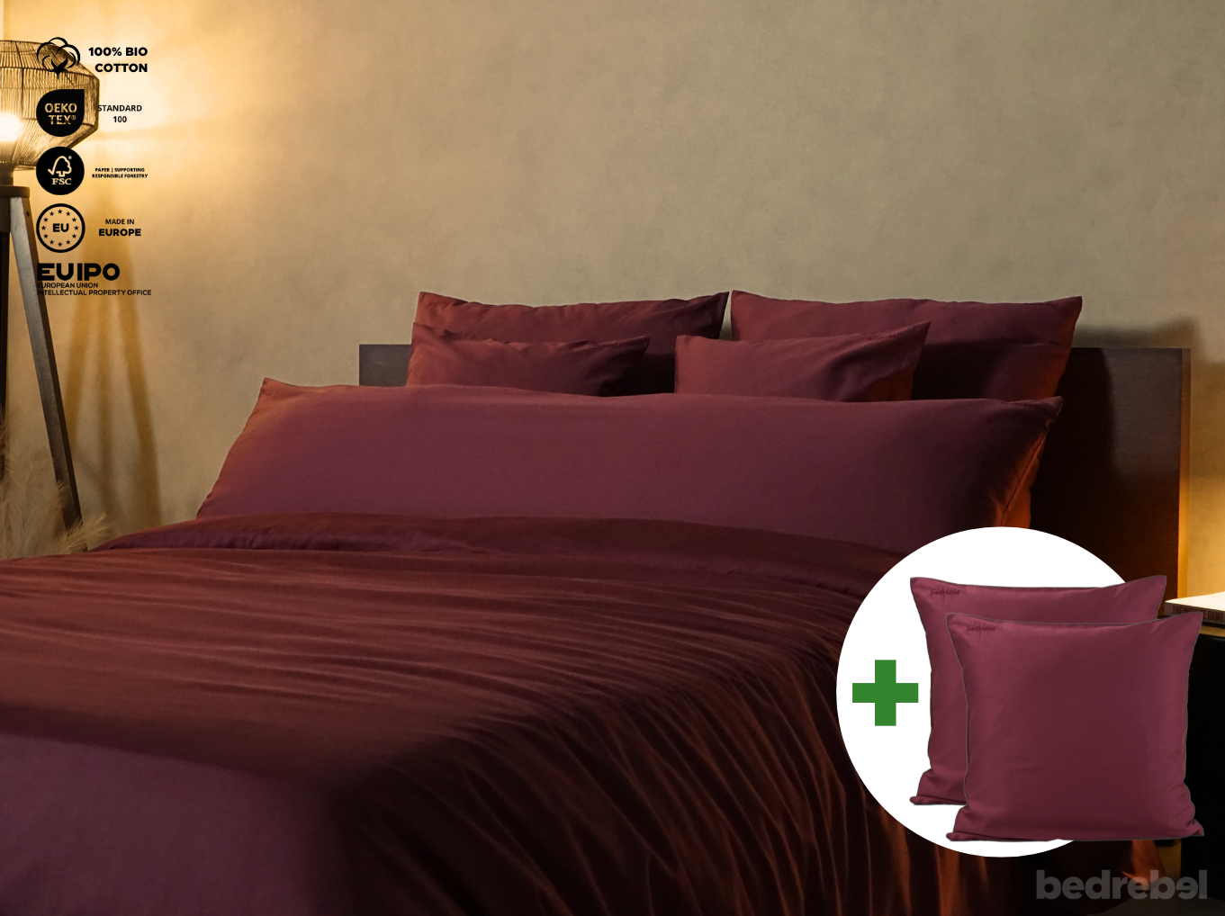 Dekbedovertrek set met rits over drie zijden & dekbedclips | Satijn katoen – Merlot red – 2 persoons