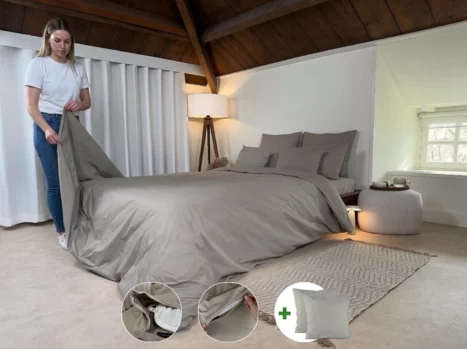 Dekbedovertrek met rits over onderzijde & dekbedclips | Percale katoen - Japandi taupe | 2 persoons incl. 2 kussenslopen