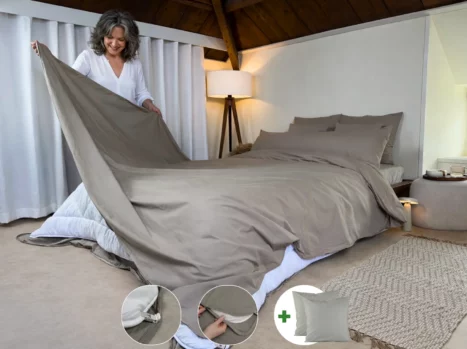 Dekbedovertrek met rits over drie zijden & dekbedclips | Percale katoen - Japandi taupe | 2 persoons incl. 2 kussenslopen