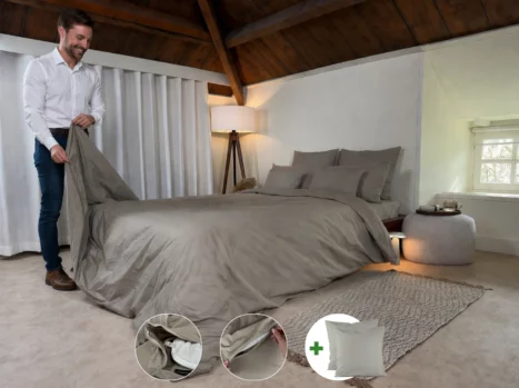 Dekbedovertrek met rits over onderzijde & dekbedclips | Satijn katoen - Japandi taupe | 2 persoons incl. 2 kussenslopen