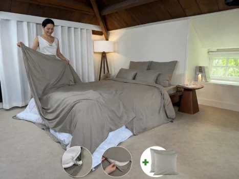 Dekbedovertrek met rits over drie zijden & dekbedclips | Satijn katoen - Japandi taupe | 2 persoons incl. 2 kussenslopen