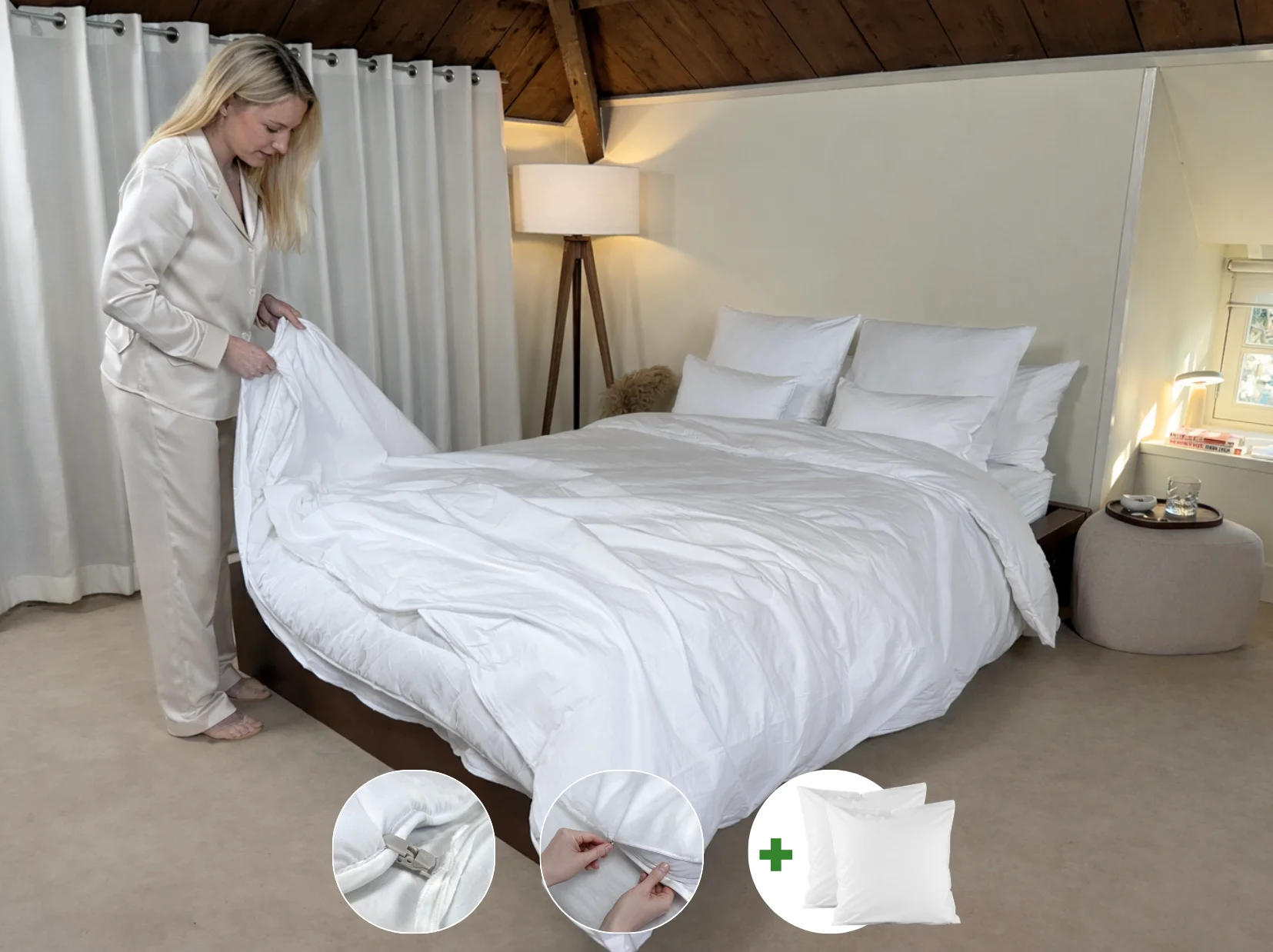 Dekbedovertrek met rits over onderzijde & dekbedclips | Percale katoen – Pure white | 2 persoons incl. 2 kussenslopen