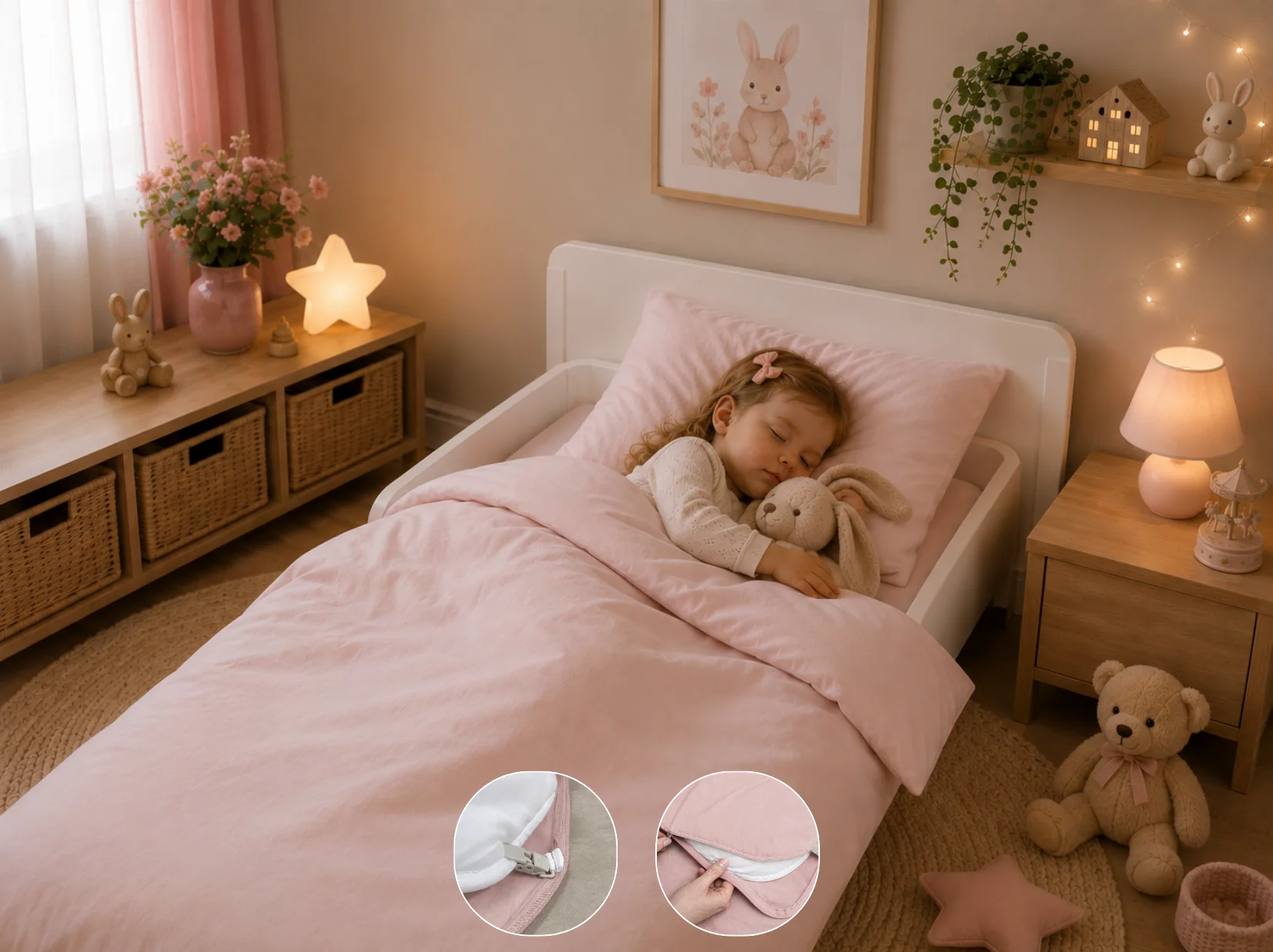 Peuterdekbedovertrek met rits over drie zijden & dekbedclips | Percale katoen - Blush pink