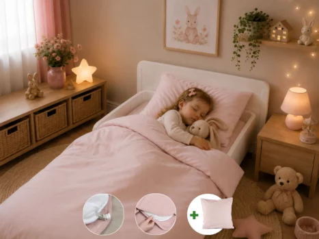 Peuterdekbedovertrek met rits over drie zijden & dekbedclips | Percale katoen - Blush pink | 1 persoons incl. 1 kussensloop