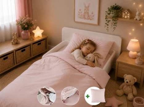 Peuterdekbedovertrek met rits over onderzijde & dekbedclips | Percale katoen - Blush pink | 1 persoons incl. 1 kussensloop