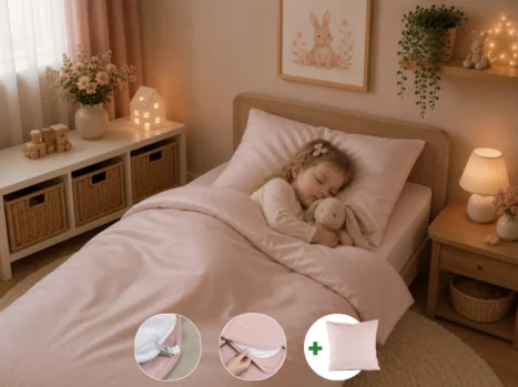 Peuterdekbedovertrek met rits over drie zijden & dekbedclips | Satijn katoen - Blush pink | 1 persoons incl. 1 kussensloop