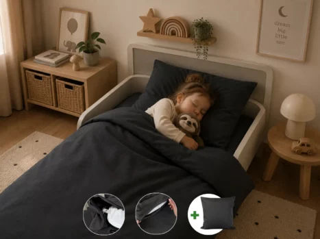 Peuterdekbedovertrek met rits over onderzijde & dekbedclips | Percale katoen - Charcoal black | 1 persoons incl. 1 kussensloop
