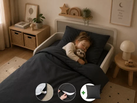Peuterdekbedovertrek met rits over drie zijden & dekbedclips | Percale katoen - Charcoal black | 1 persoons incl. 1 kussensloop