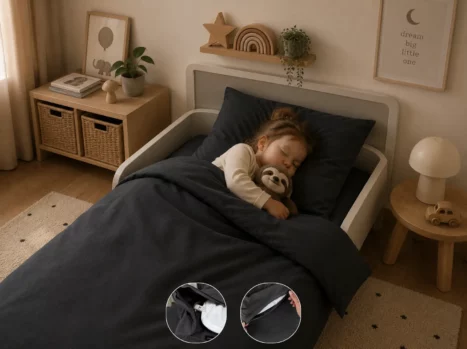 Peuterdekbedovertrek met rits over onderzijde & dekbedclips | Percale katoen - Charcoal black