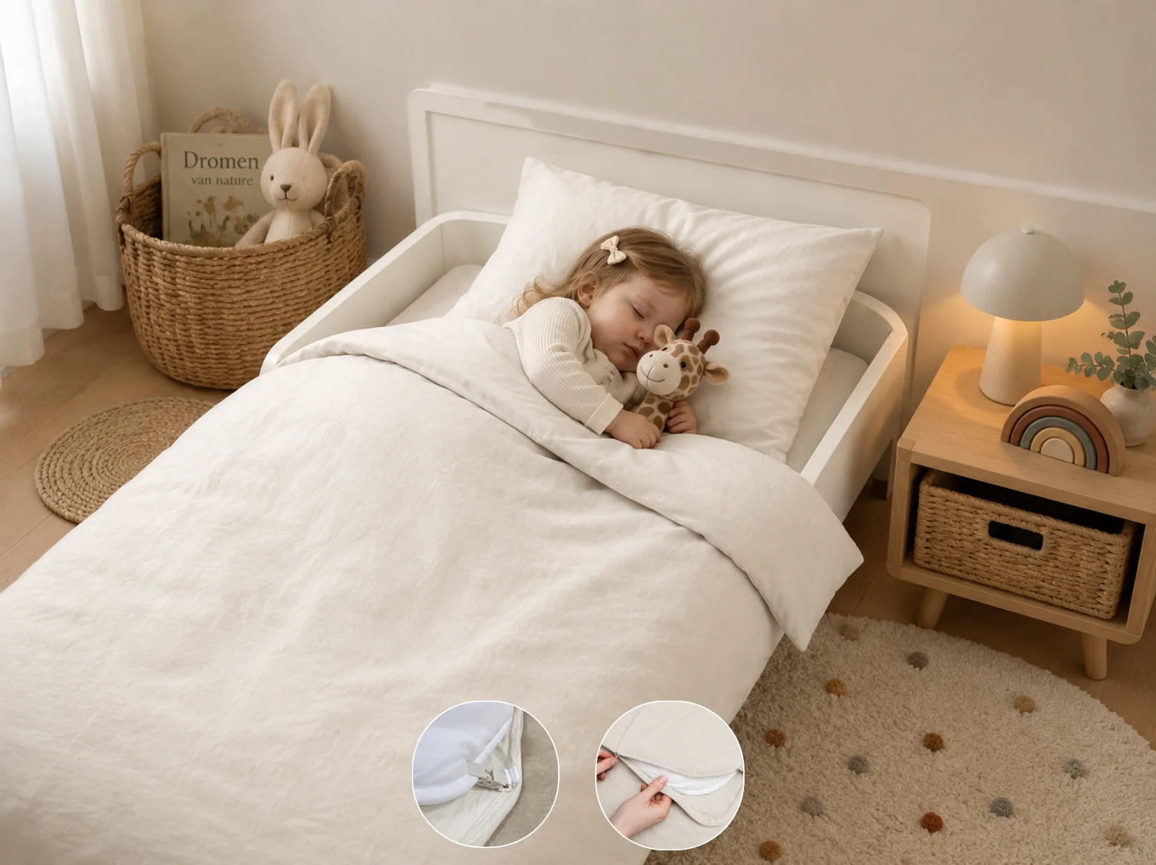 Peuterdekbedovertrek met rits over drie zijden & dekbedclips | Percale katoen - Ivory beige