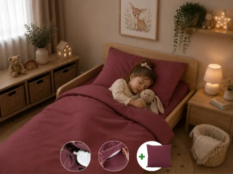 Peuterdekbedovertrek met rits over onderzijde & dekbedclips | Percale katoen - Merlot red | 1 persoons incl. 1 kussensloop