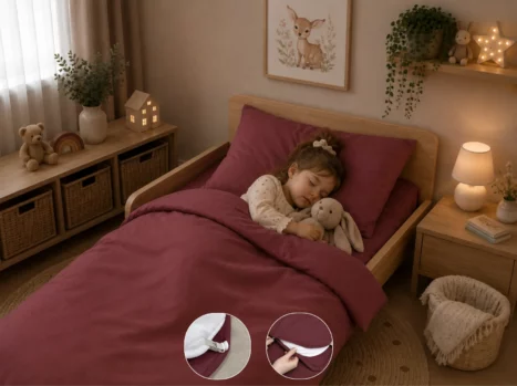 Peuterdekbedovertrek met rits over drie zijden & dekbedclips | Percale katoen - Merlot red