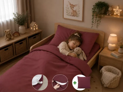 Peuterdekbedovertrek met rits over drie zijden & dekbedclips | Percale katoen - Merlot red | 1 persoons incl. 1 kussensloop