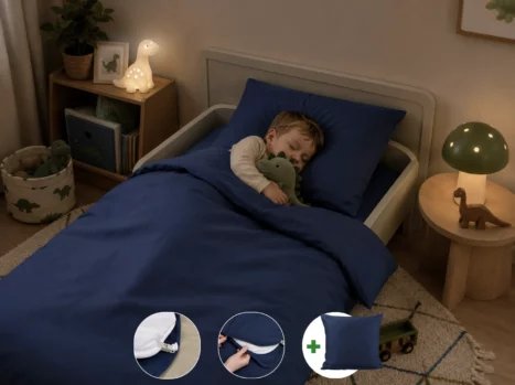 Peuterdekbedovertrek met rits over drie zijden & dekbedclips | Percale katoen - Midnight blue | 1 persoons incl. 1 kussensloop