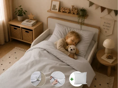 Peuterdekbedovertrek met rits over drie zijden & dekbedclips | Percale katoen - Misty grey | 1 persoons incl. 1 kussensloop