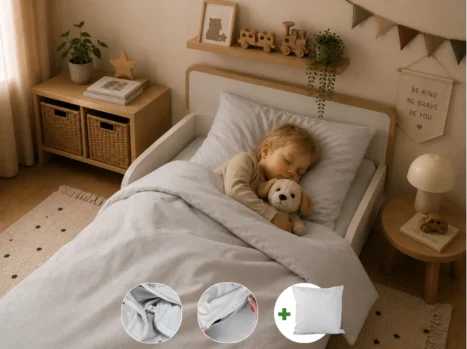 Peuterdekbedovertrek met rits over onderzijde & dekbedclips | Percale katoen - Misty grey | 1 persoons incl. 1 kussensloop