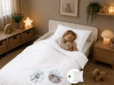 Peuterdekbedovertrek met rits over onderzijde & dekbedclips | Percale katoen - Pure white | 1 persoons incl. 1 kussensloop